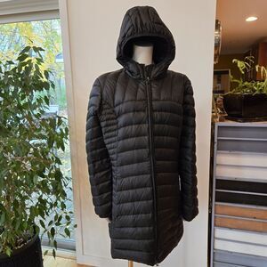 Eddie Bauer Womens Puffer Down Parka Coat 2XL Hooded Mid Length Jacket Black